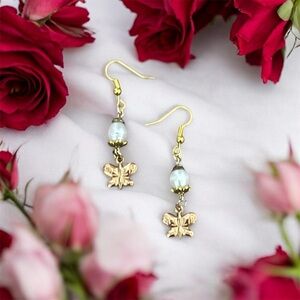 Butterfly Charm Pearl Earrings 14k Gold Plated Charm 18k Gold Plated Hooks
